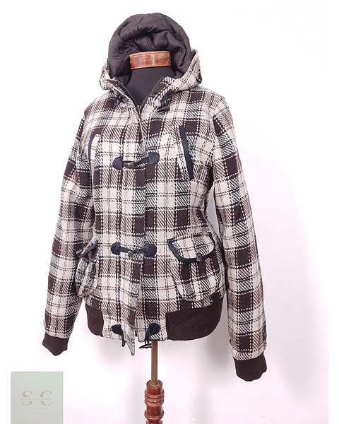 Abrigo Mujer Montgomery Cuadrillé Café Beige con Gorro – TALLA ML