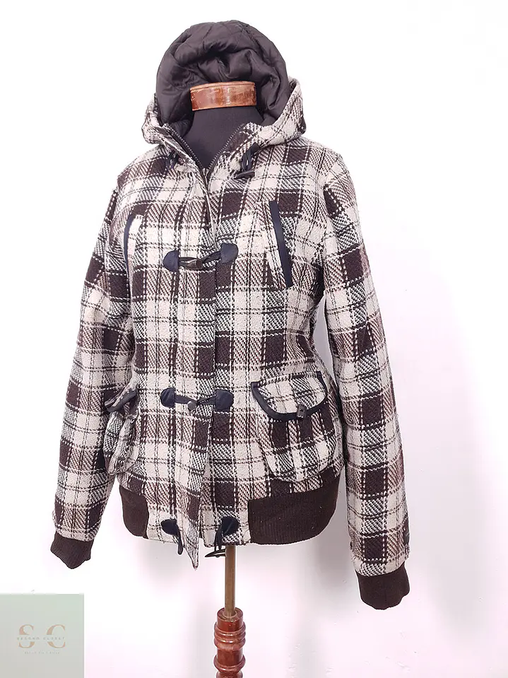 Abrigo Mujer Montgomery Cuadrillé Café Beige con Gorro – TALLA ML 1