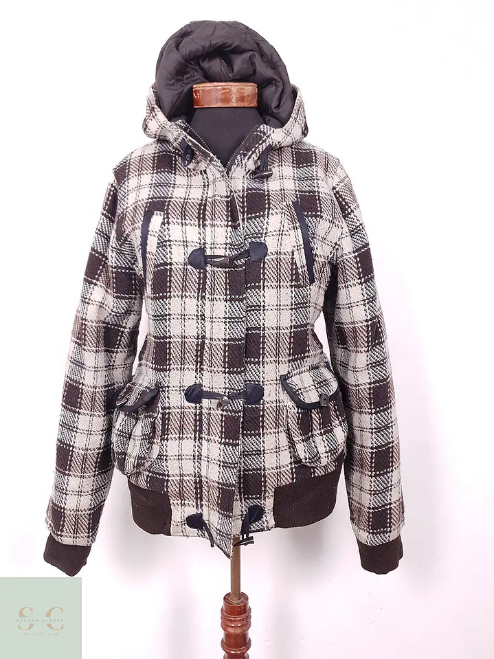 Abrigo Mujer Montgomery Cuadrillé Café Beige con Gorro – TALLA ML 2