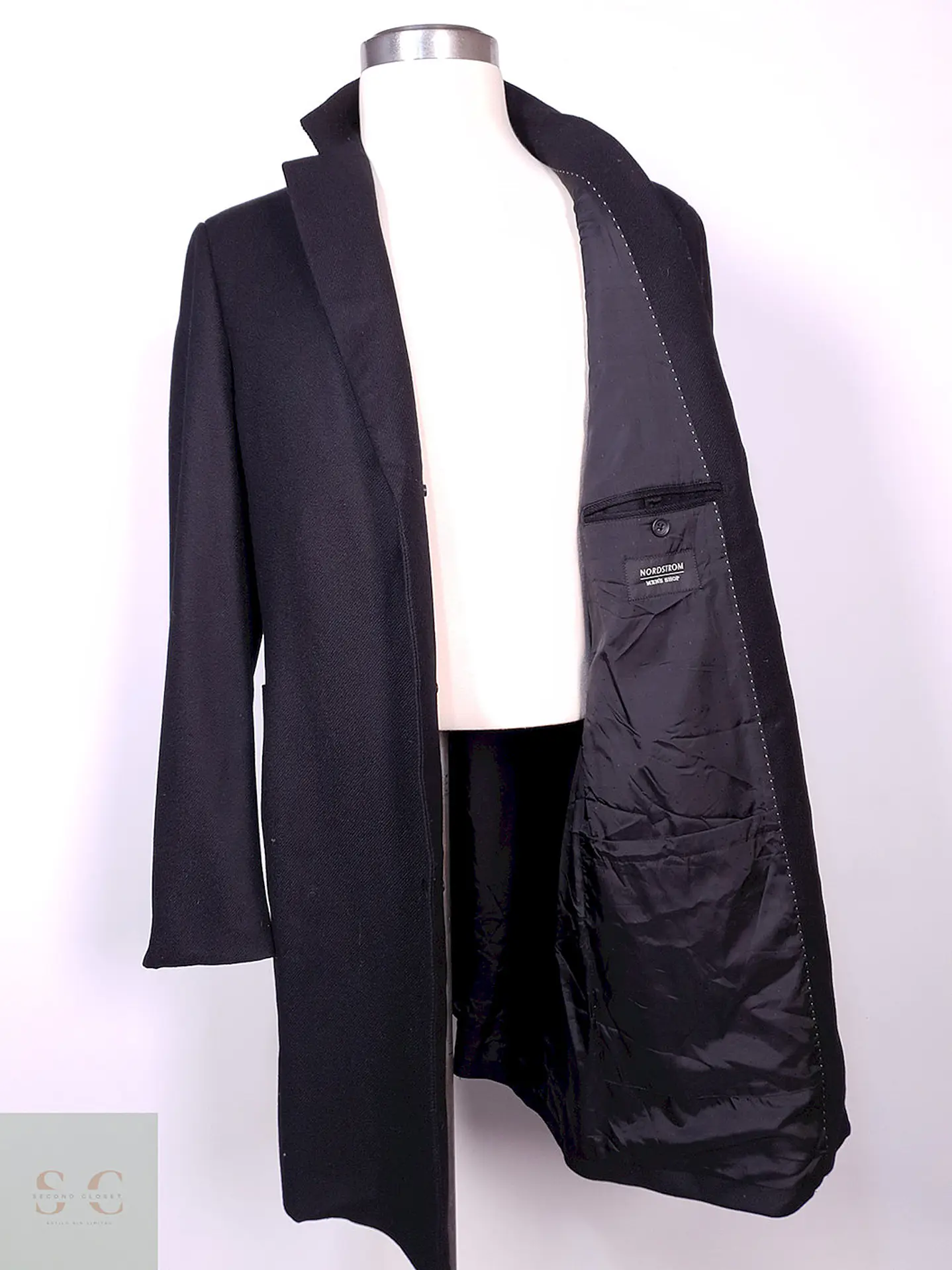 Abrigo Nordstrom Largo Negro 100% Lana Talla L 12