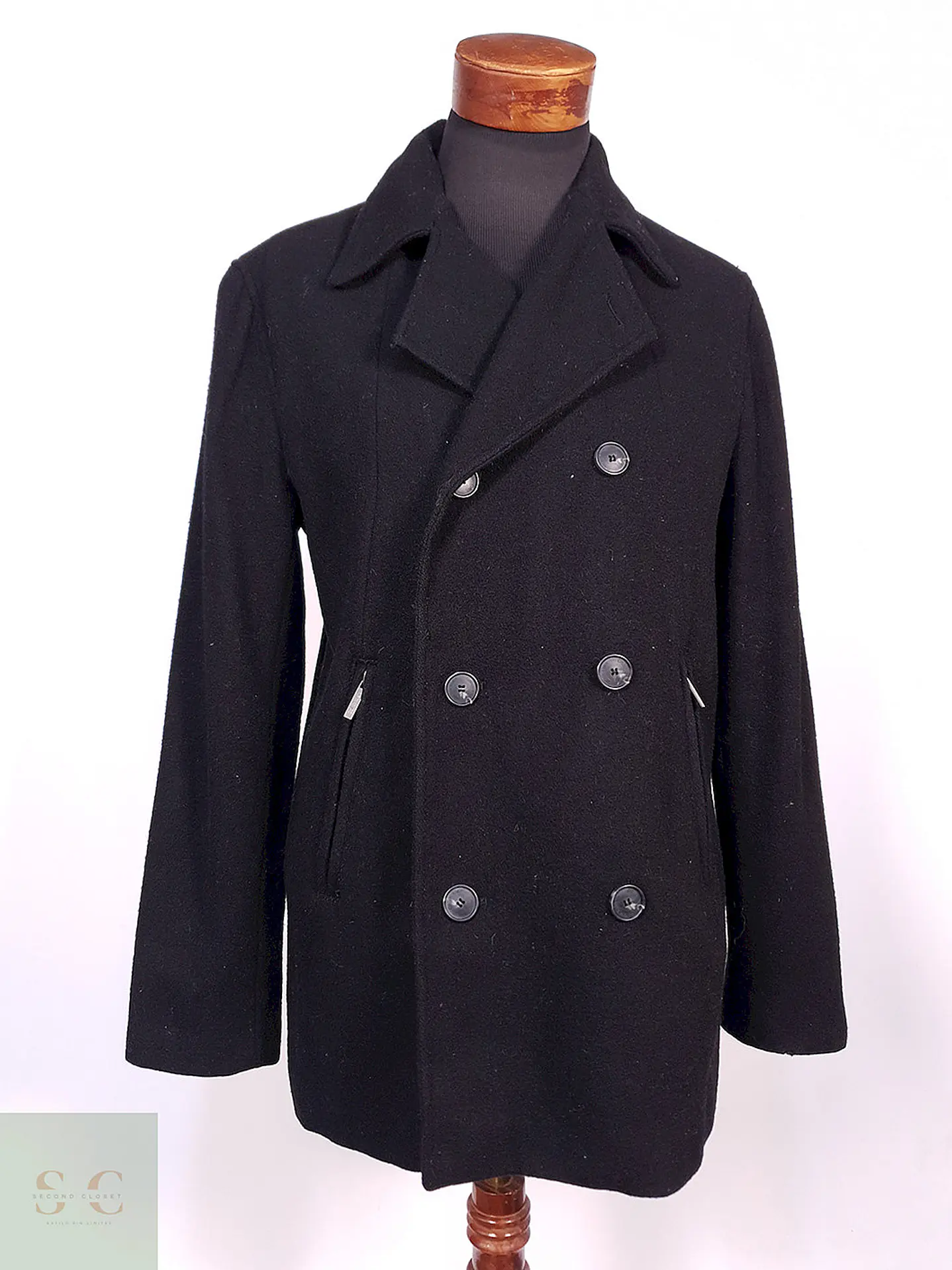 Abrigo Marinero Calvin Klein Negro 100% Lana Talla SM 3