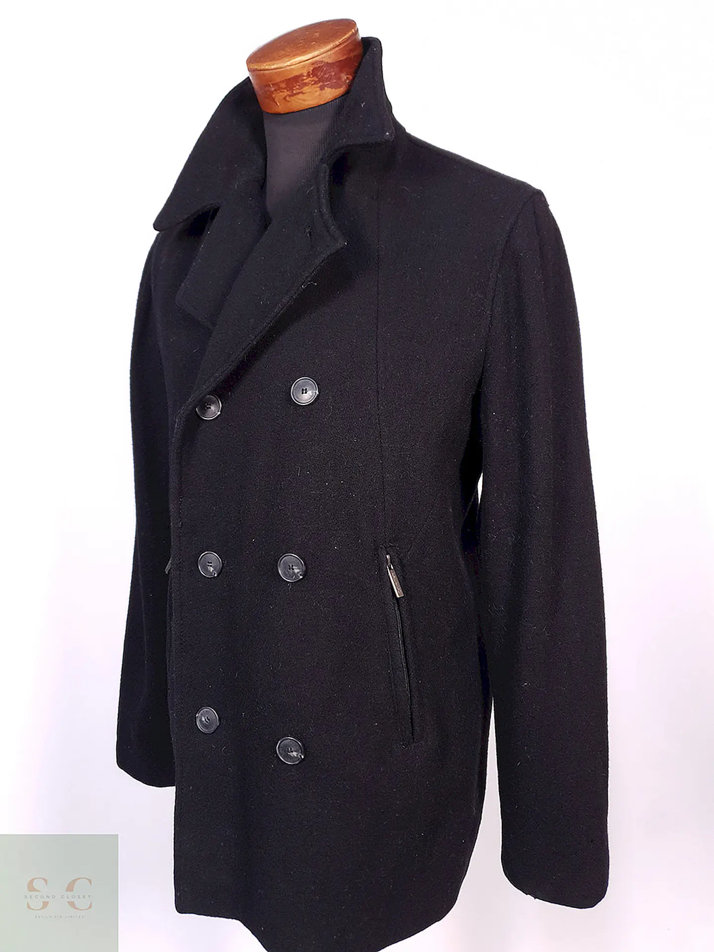 Abrigo Marinero Calvin Klein Negro 100% Lana Talla SM 2