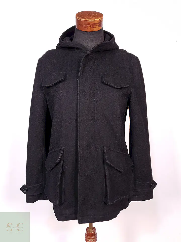 Abrigo Chaqueta Negra con Gorro 50% Lana Talla S 1