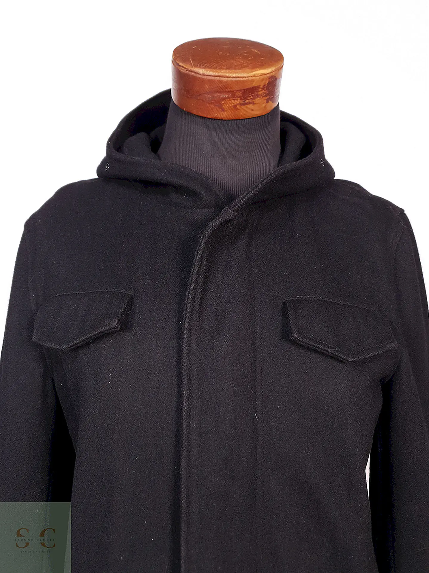 Abrigo Chaqueta Negra con Gorro 50% Lana Talla S 5