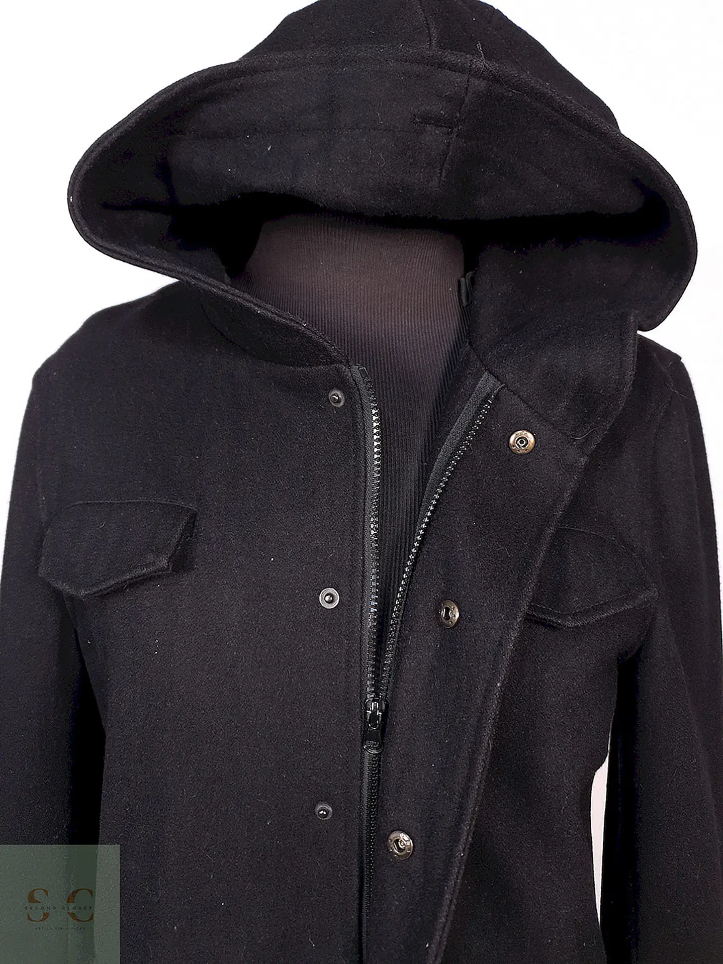 Abrigo Chaqueta Negra con Gorro 50% Lana Talla S 7