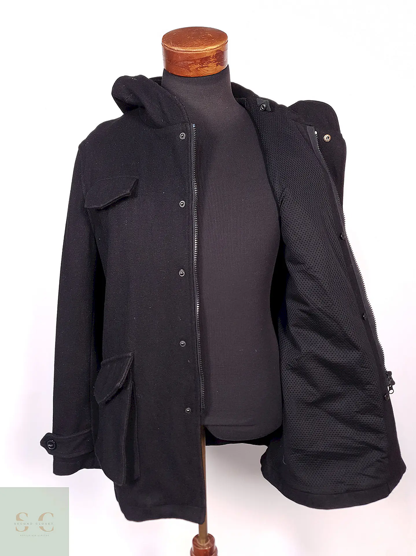 Abrigo Chaqueta Negra con Gorro 50% Lana Talla S 8