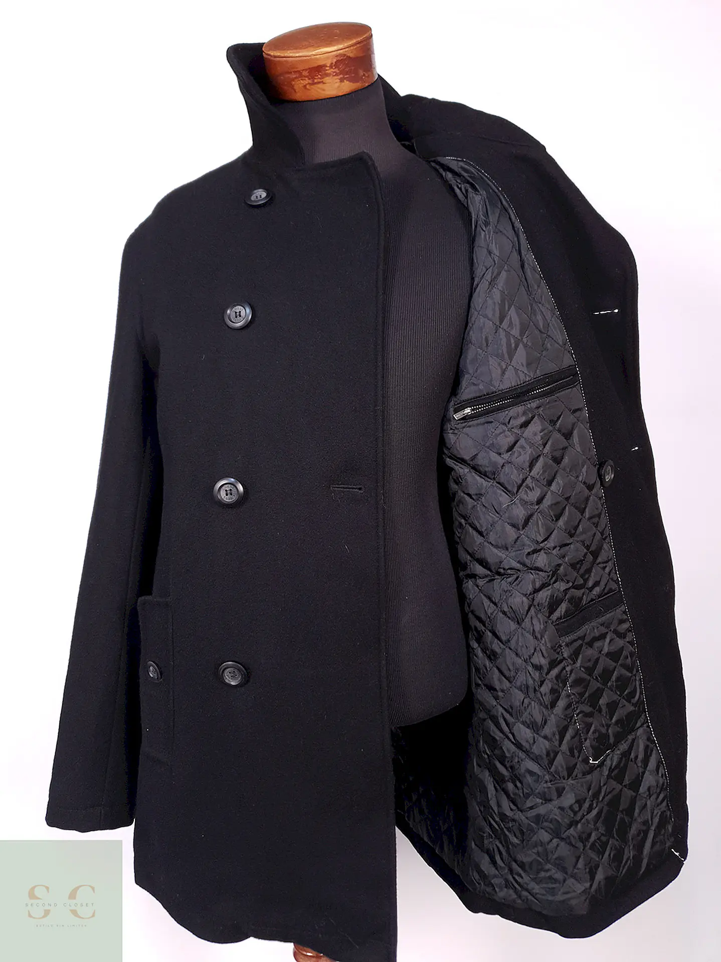 Abrigo Cruzado Negro Guess Lana Talla L 10