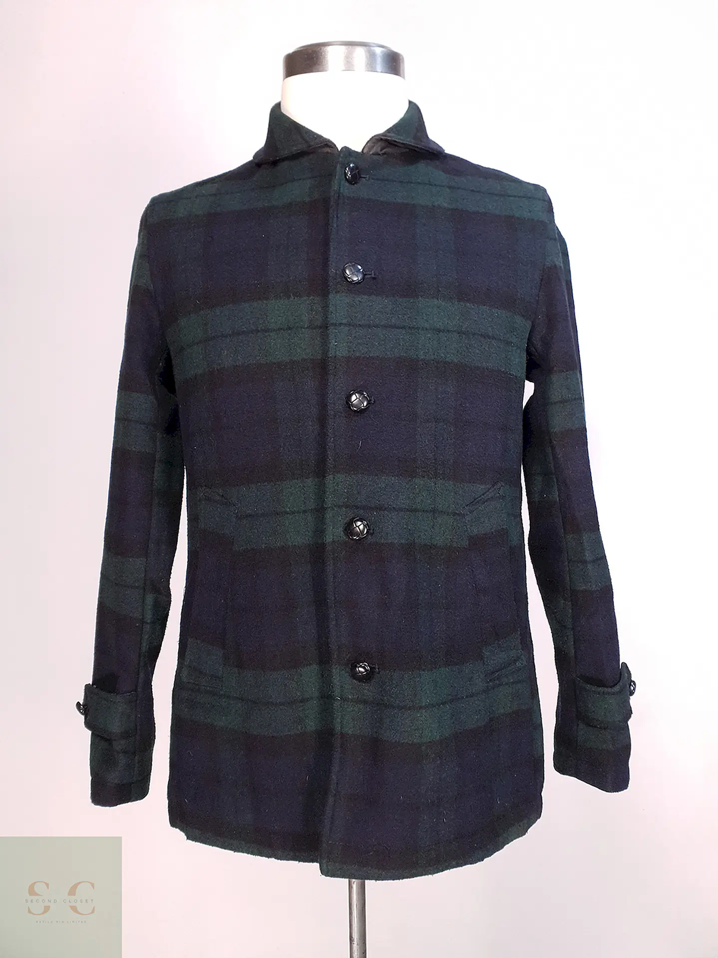 Abrigo Japonés GU Cuadrillé Verde azul Lana Talla S 1