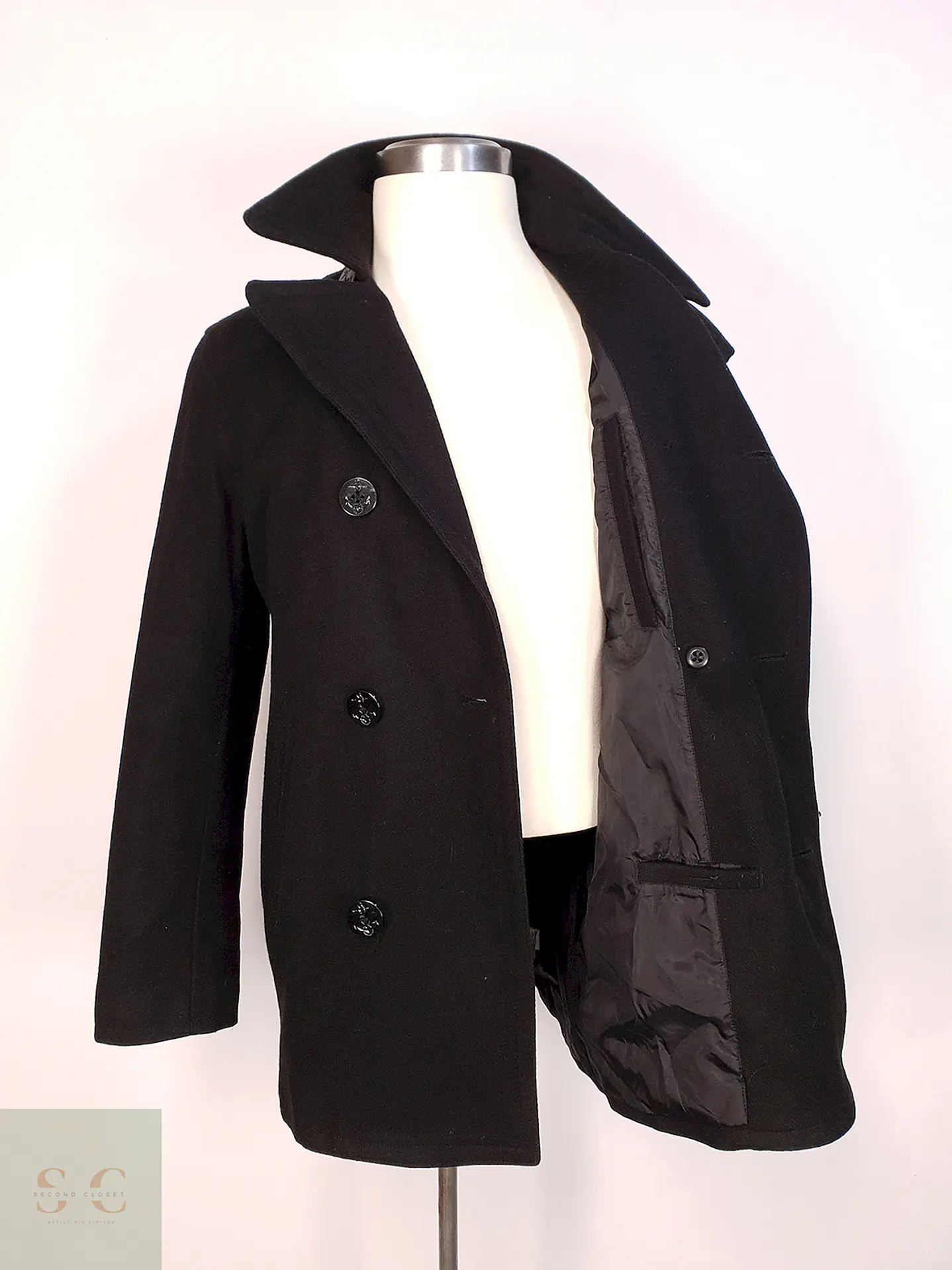 Abrigo Marinero Negro Old Navy Lana Virgen Talla L 10