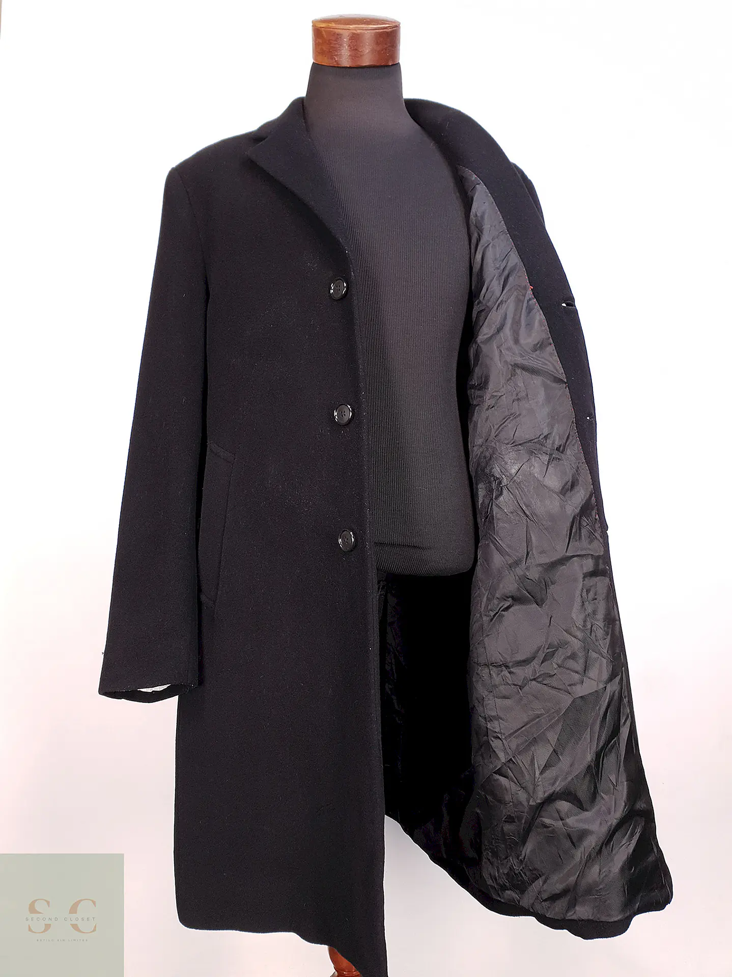 Abrigo Largo Negro Perry Ellis Lana y Cashmere Talla L 8