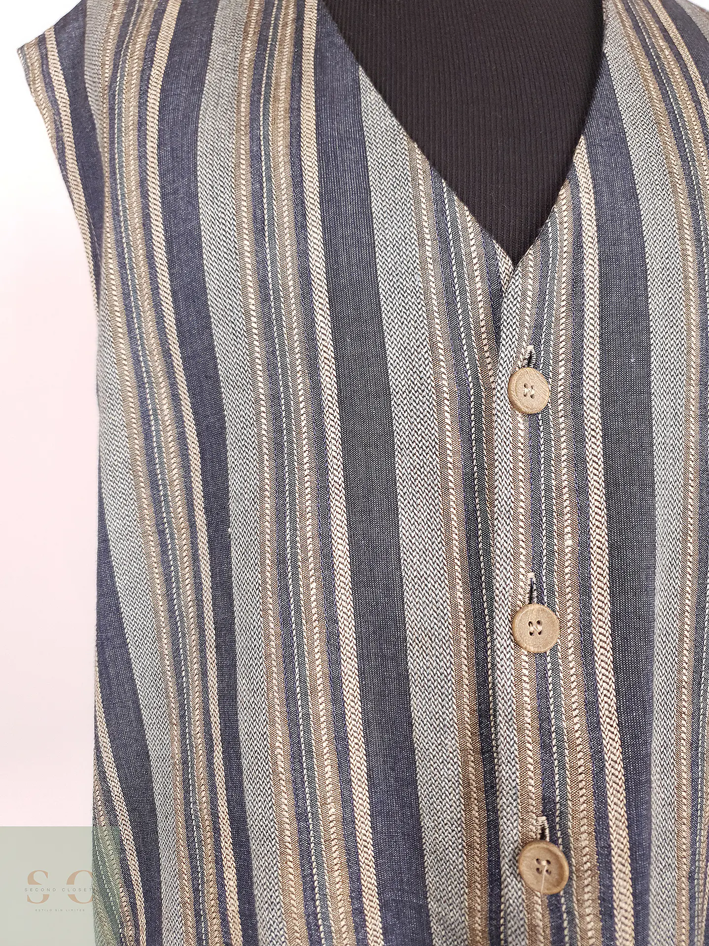 Chaleco - Gilet Rayas Azules y Café Algodón Lino Talla XXL 2