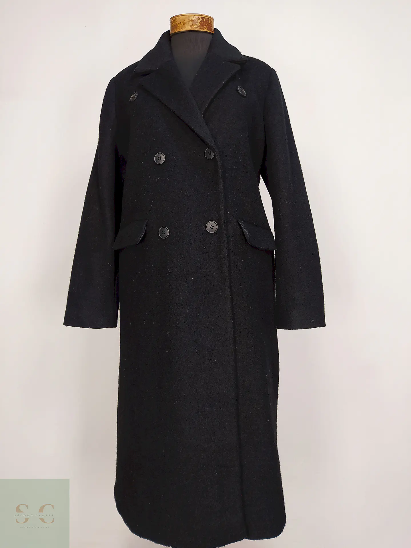 Abrigo Largo Negro Lc Waikiki Mezcla Lana Cruzado Talla 42 L 2