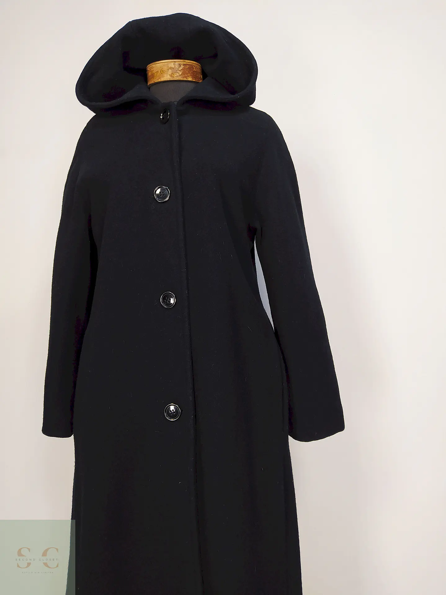 Abrigo Largo Negro con Gorro 100% Lana Talla 40 5