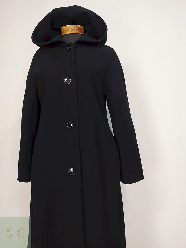Abrigo Largo Negro con Gorro 100% Lana Talla 40 5