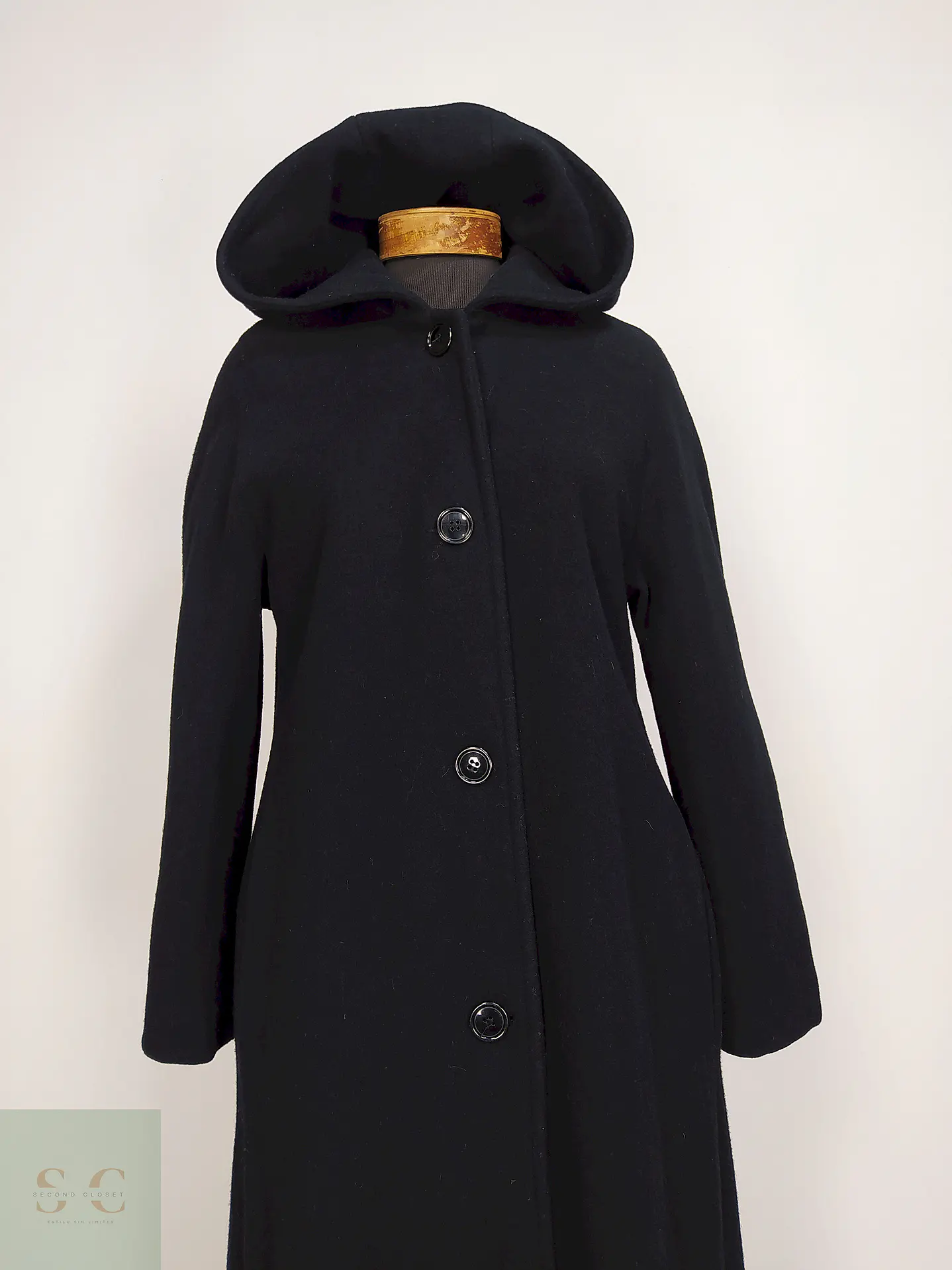 Abrigo Largo Negro con Gorro 100% Lana Talla 40 6