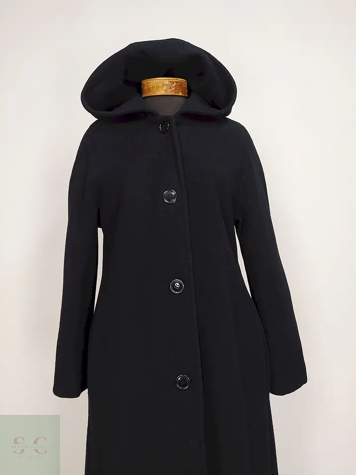 Abrigo Largo Negro con Gorro 100% Lana Talla 40 6