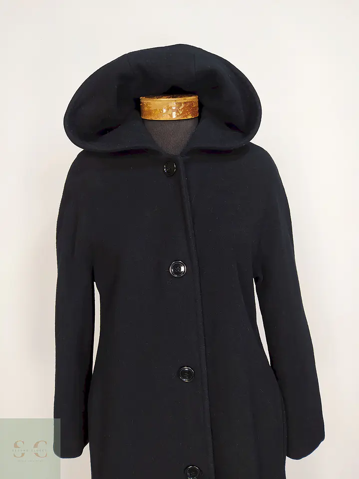 Abrigo Largo Negro con Gorro 100% Lana Talla 40 7