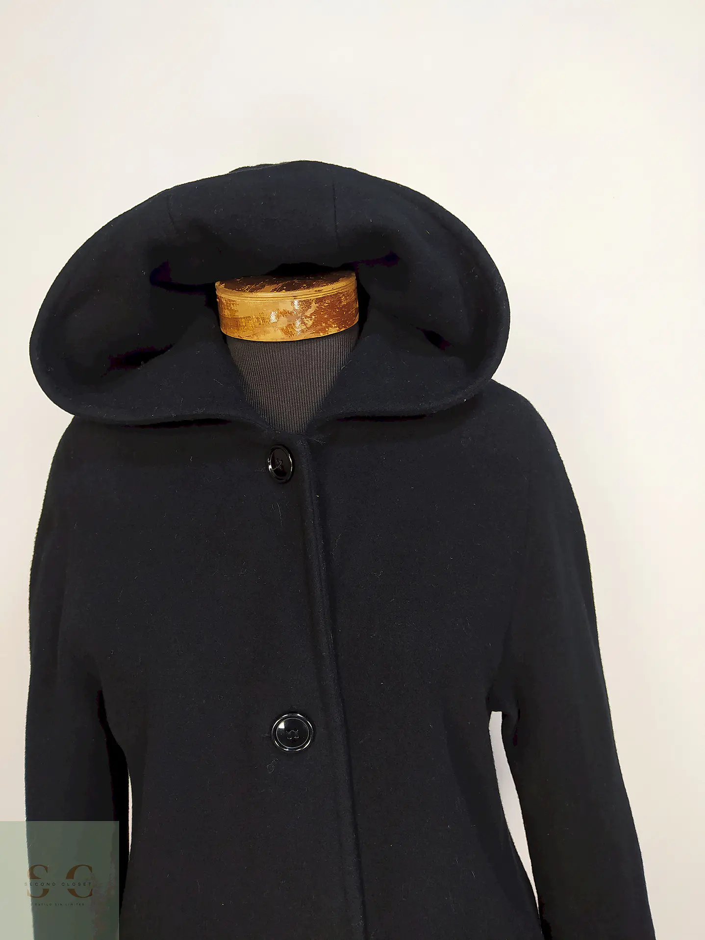 Abrigo Largo Negro con Gorro 100% Lana Talla 40 8