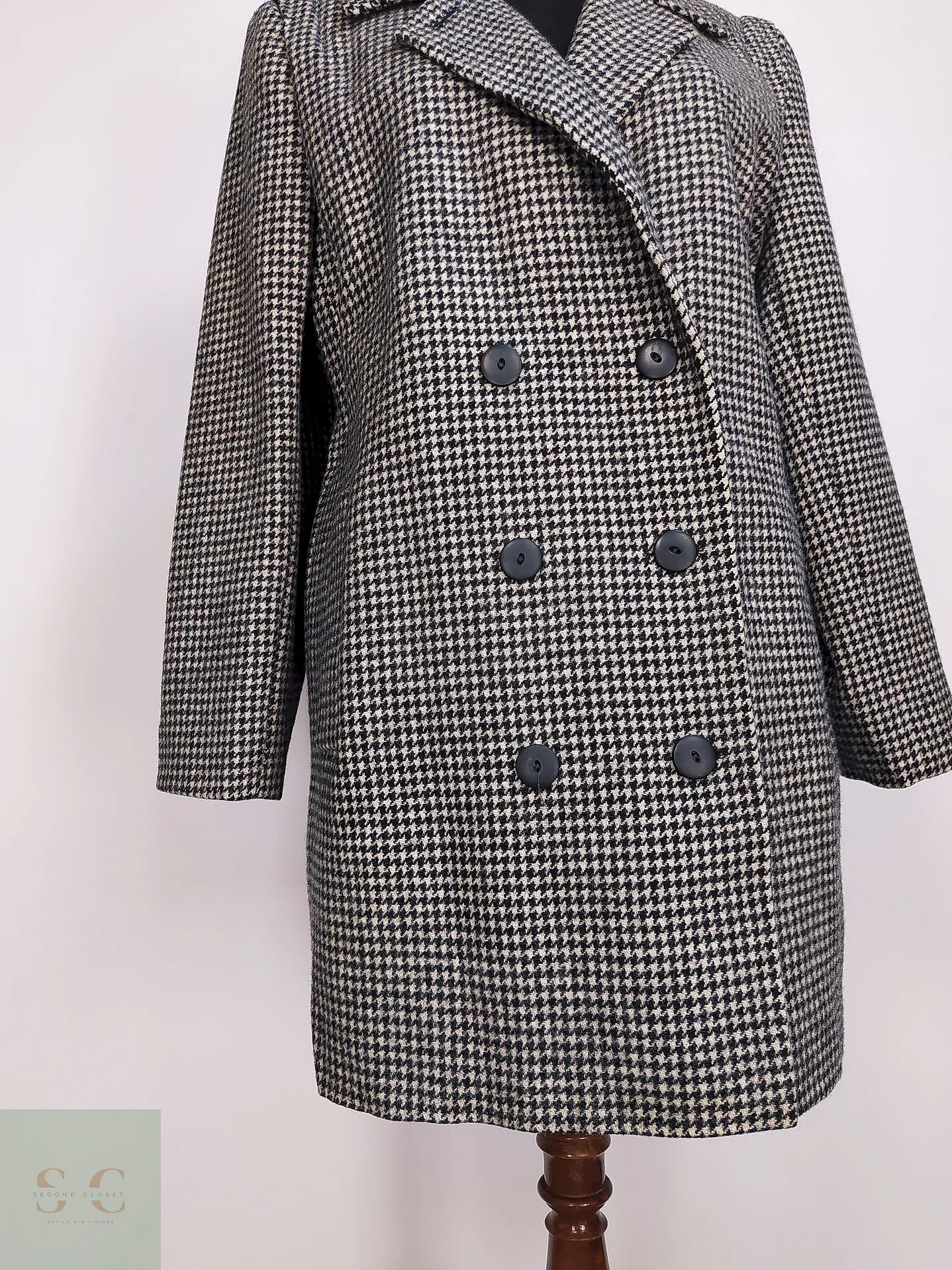 Abrigo Cruzado Alorna Dillards 100% Lana Virgen Pata de Gallo Negro Blanco Talla 44 2
