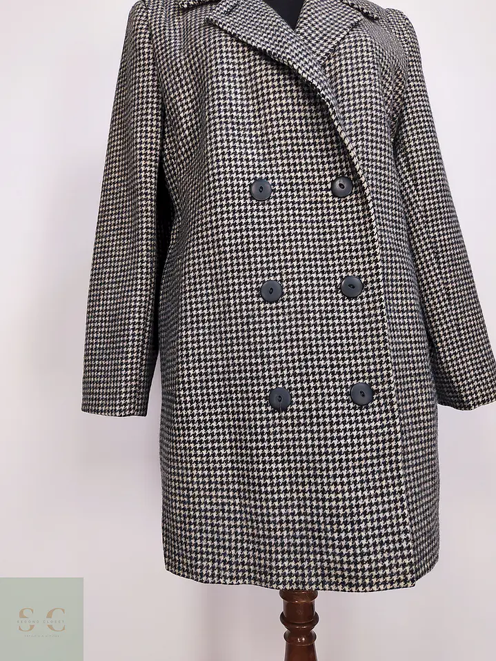 Abrigo Cruzado Alorna Dillards 100% Lana Virgen Pata de Gallo Negro Blanco Talla 44 2