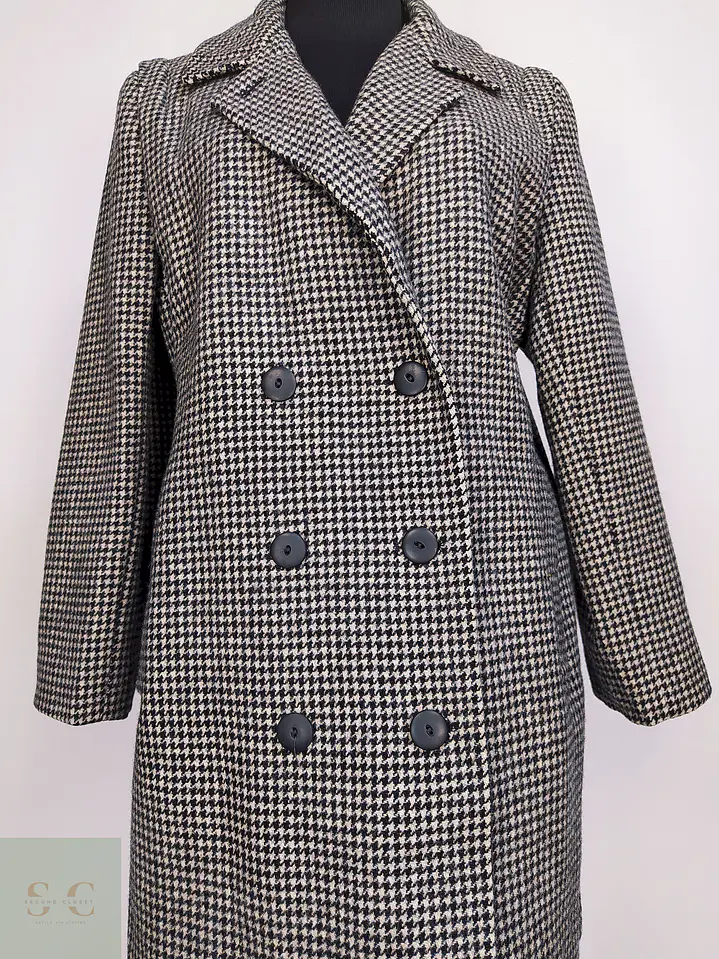 Abrigo Cruzado Alorna Dillards 100% Lana Virgen Pata de Gallo Negro Blanco Talla 44 5