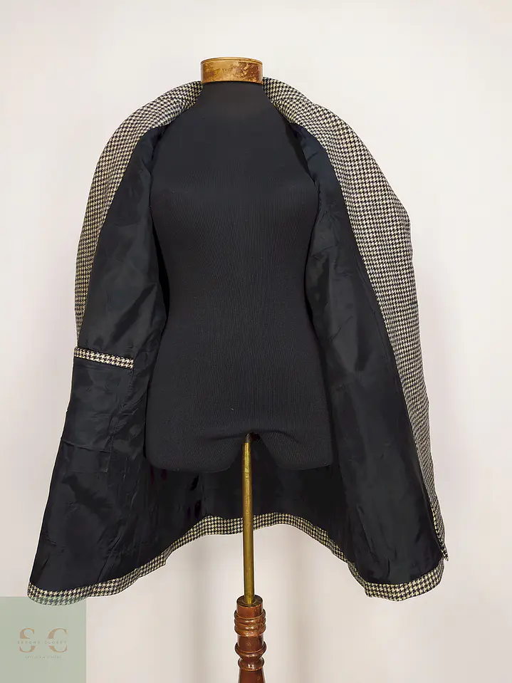 Abrigo Cruzado Alorna Dillards 100% Lana Virgen Pata de Gallo Negro Blanco Talla 44 10