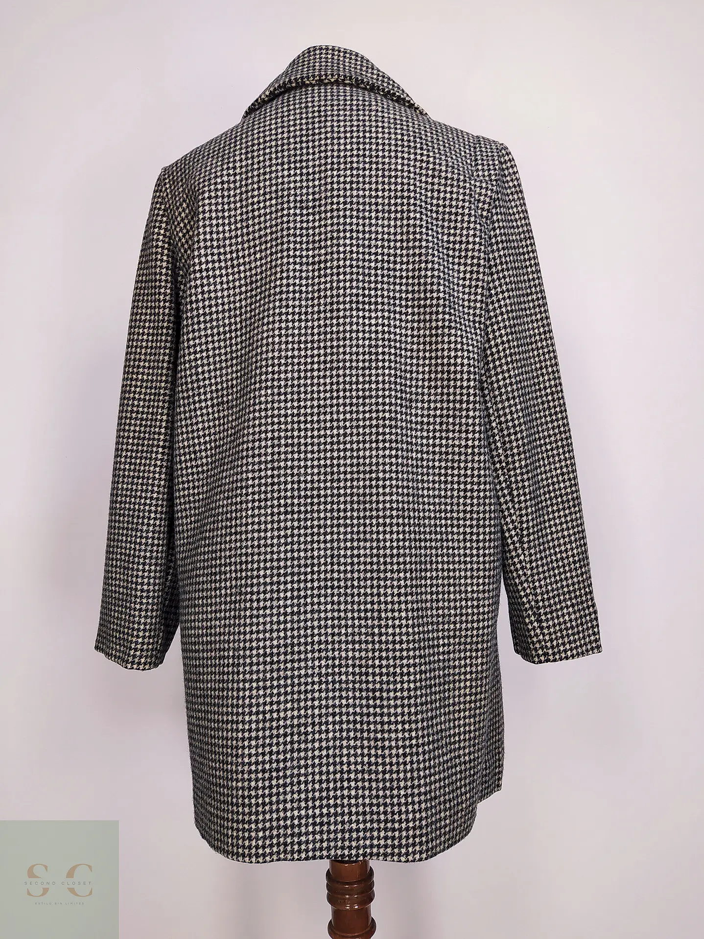 Abrigo Cruzado Alorna Dillards 100% Lana Virgen Pata de Gallo Negro Blanco Talla 44 12