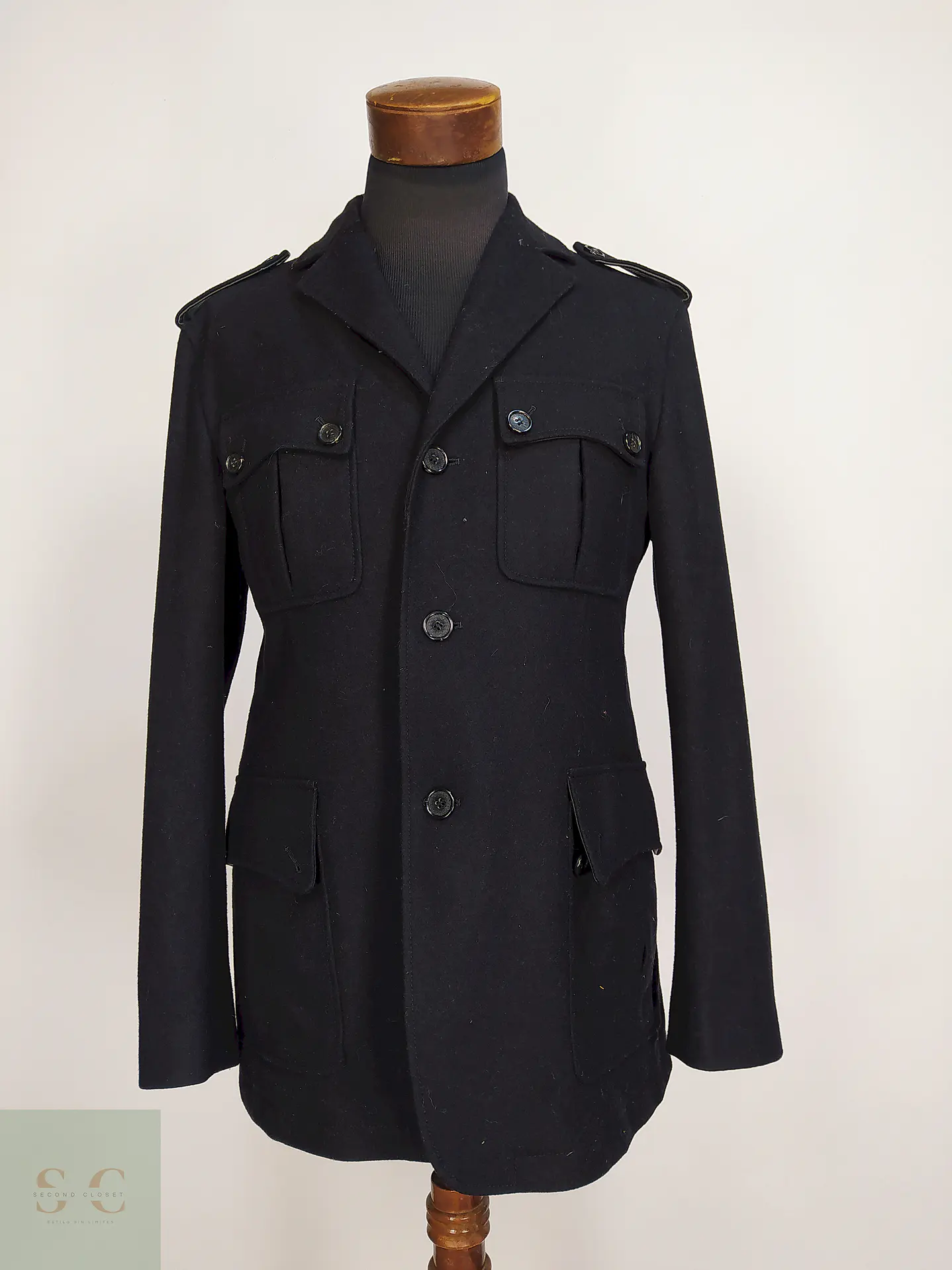 Chaqueta Negra Cole Haan 100% Lana Detalles Cuero Talla M 1