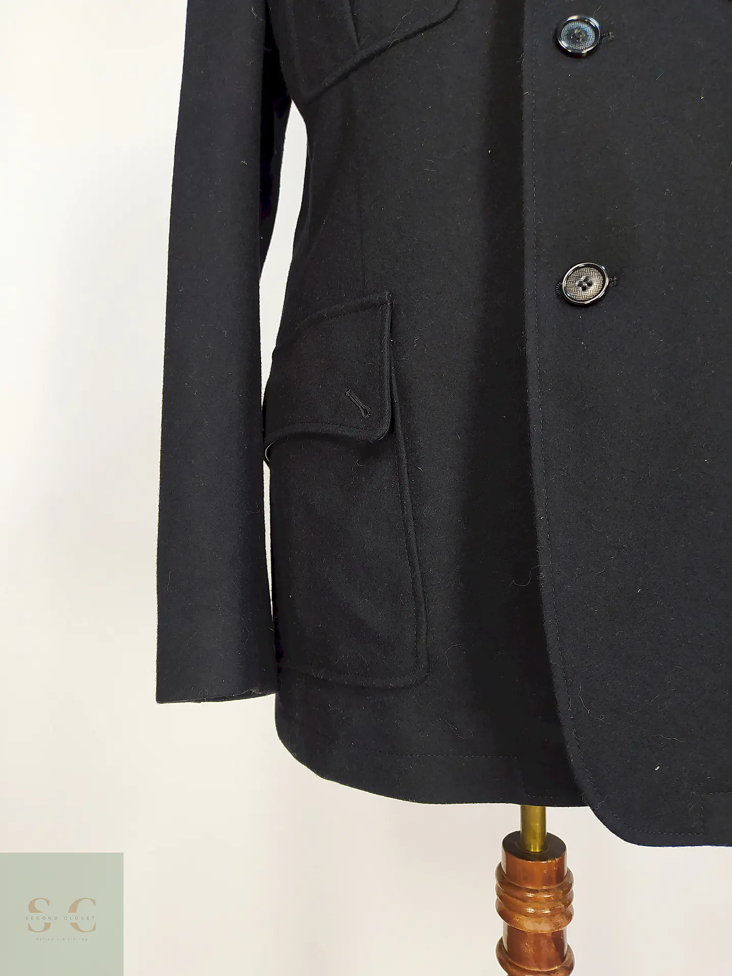 Chaqueta Negra Cole Haan 100% Lana Detalles Cuero Talla M 2