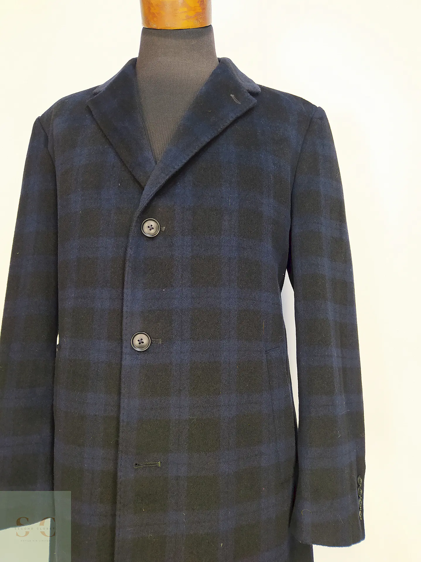 Abrigo Pronto Uomo Azul Negro Cuadros 55% Lana Talla L 4