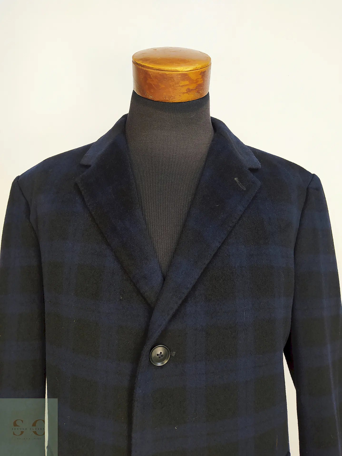 Abrigo Pronto Uomo Azul Negro Cuadros 55% Lana Talla L 6
