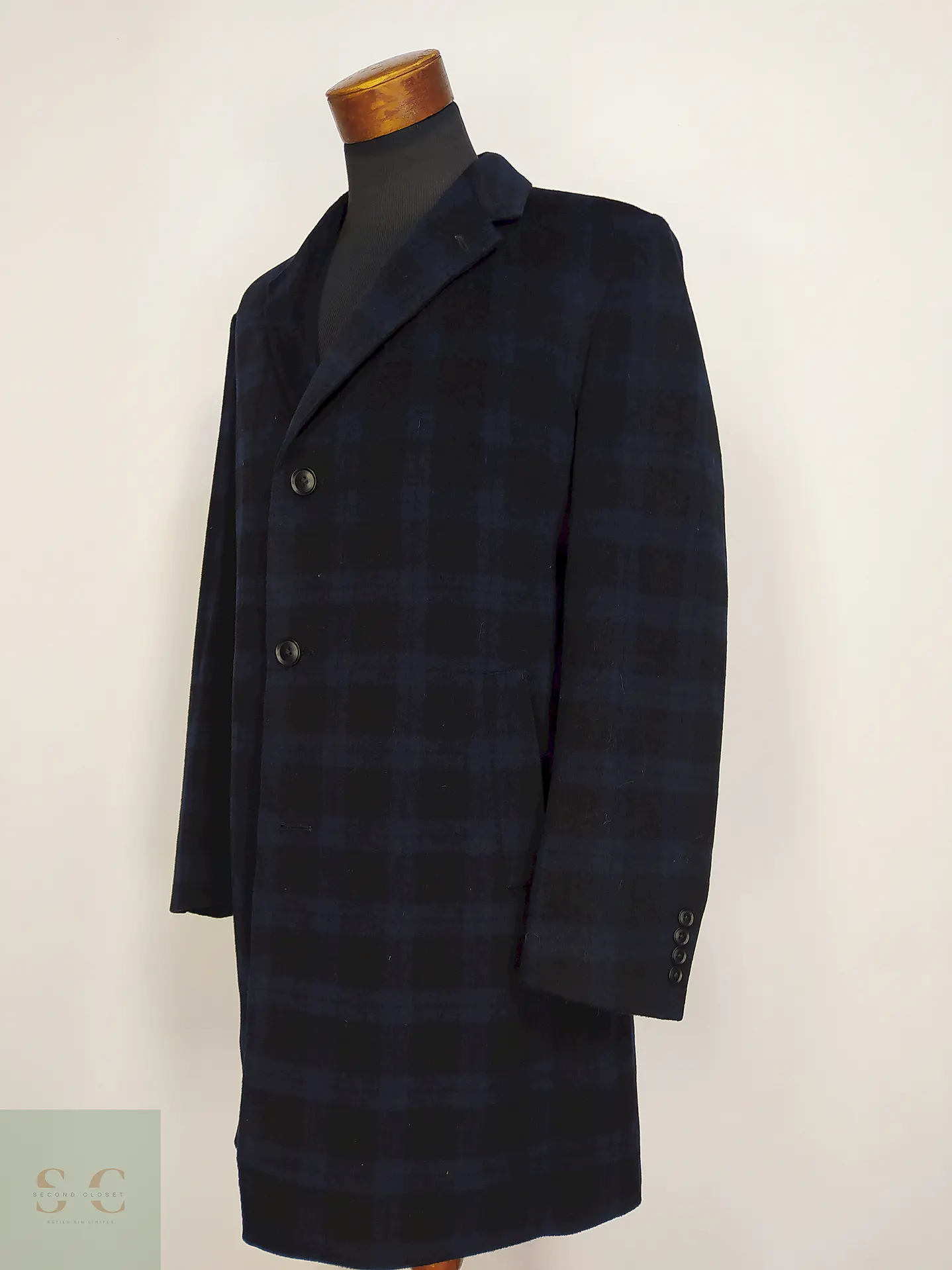 Abrigo Pronto Uomo Azul Negro Cuadros 55% Lana Talla L 8