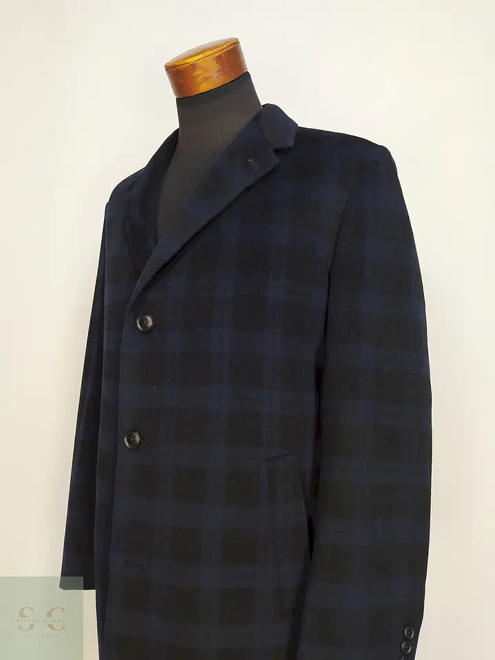 Abrigo Pronto Uomo Azul Negro Cuadros 55% Lana Talla L 9