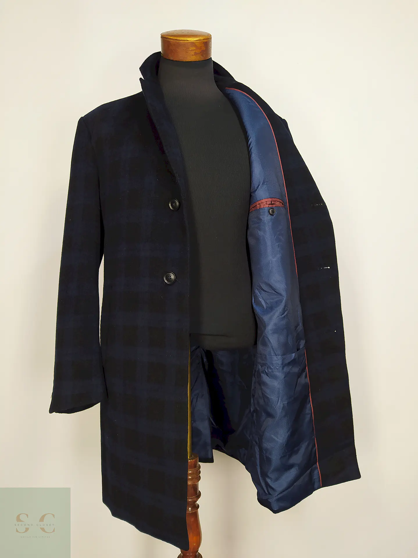 Abrigo Pronto Uomo Azul Negro Cuadros 55% Lana Talla L 12