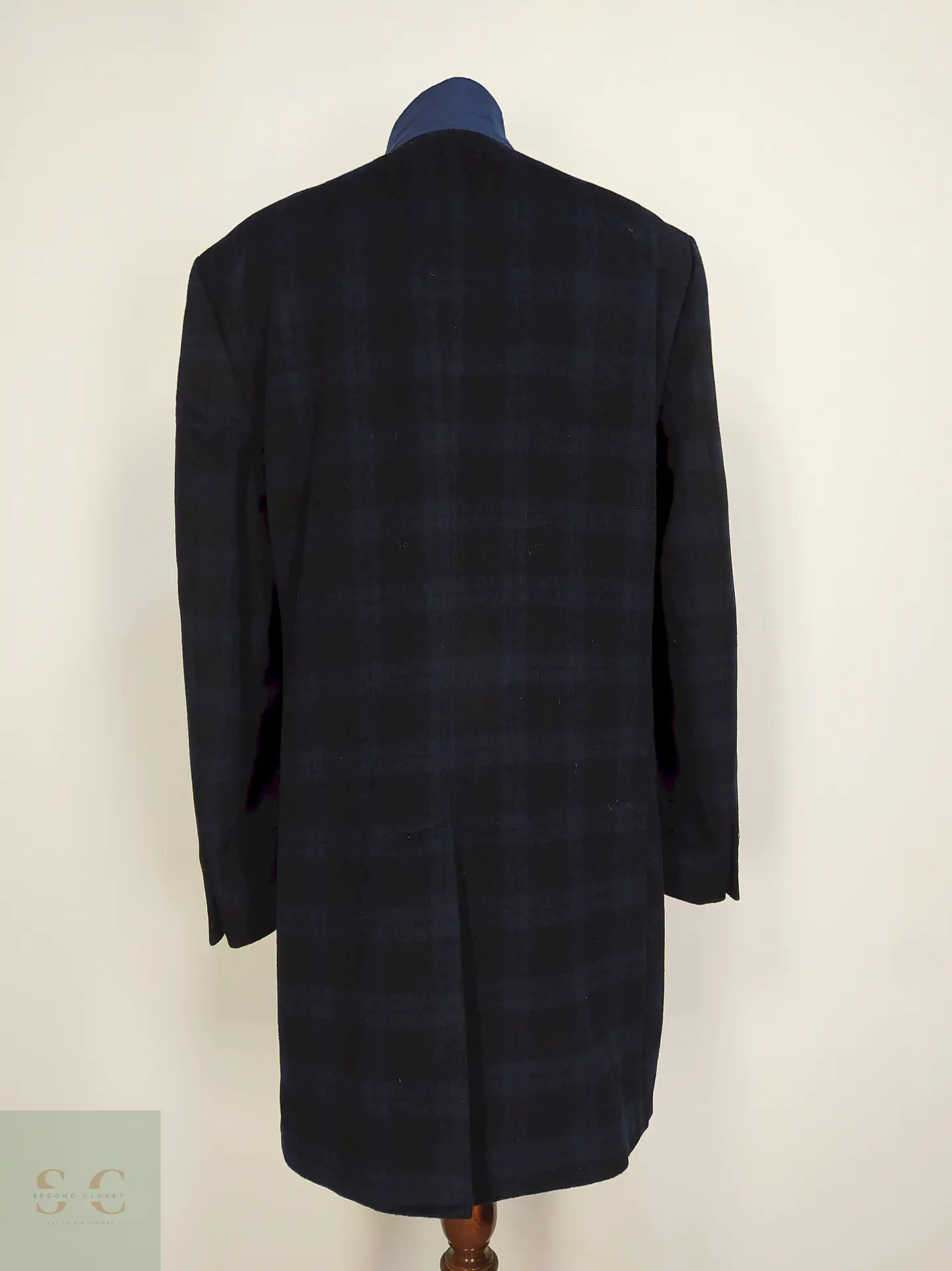 Abrigo Pronto Uomo Azul Negro Cuadros 55% Lana Talla L 19