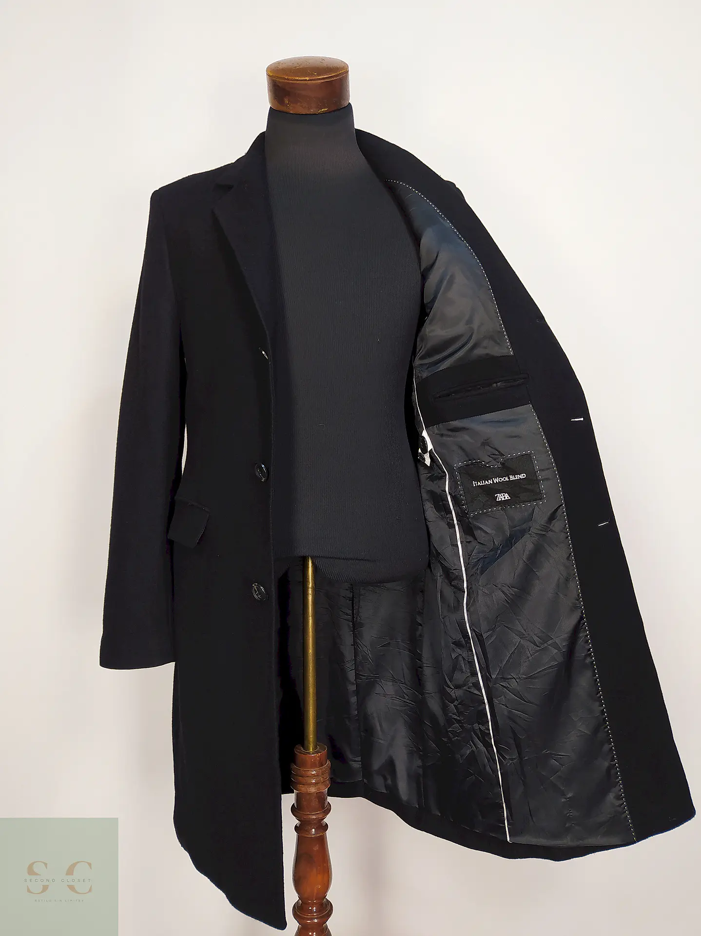 Abrigo Negro Zara Italian Lana Talla SM 13