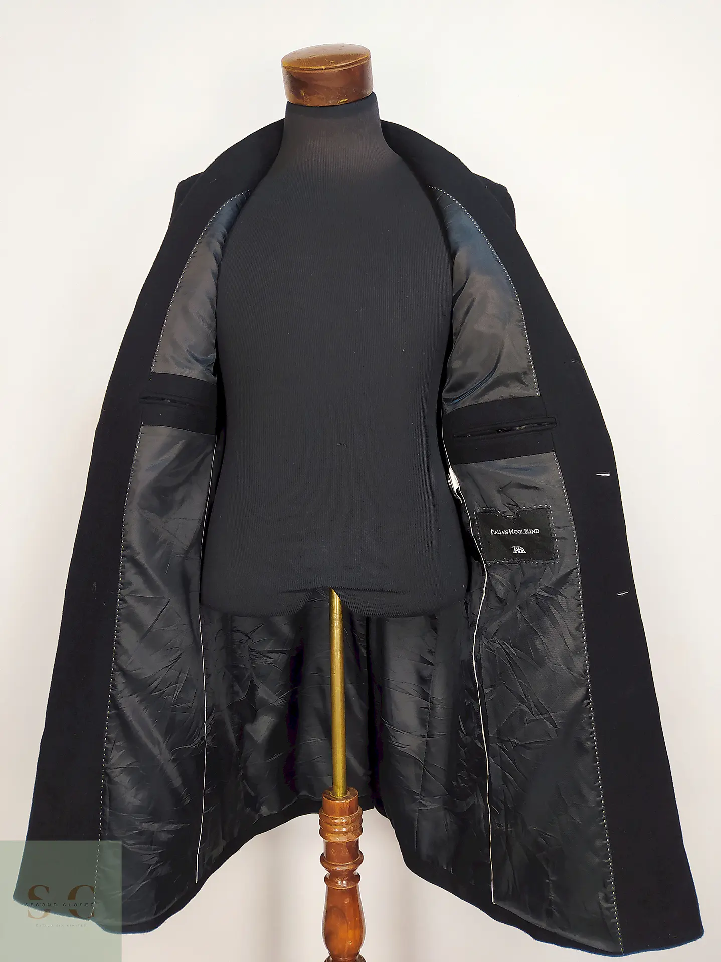 Abrigo Negro Zara Italian Lana Talla SM 14