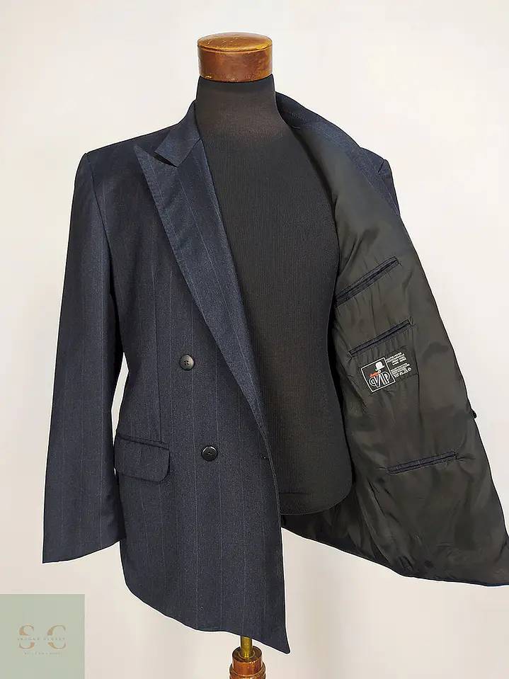 Blazer Desing Vip Azul Rayas Cruzado Lana Poliéster Talla L 10