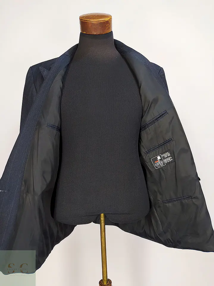 Blazer Desing Vip Azul Rayas Cruzado Lana Poliéster Talla L 11