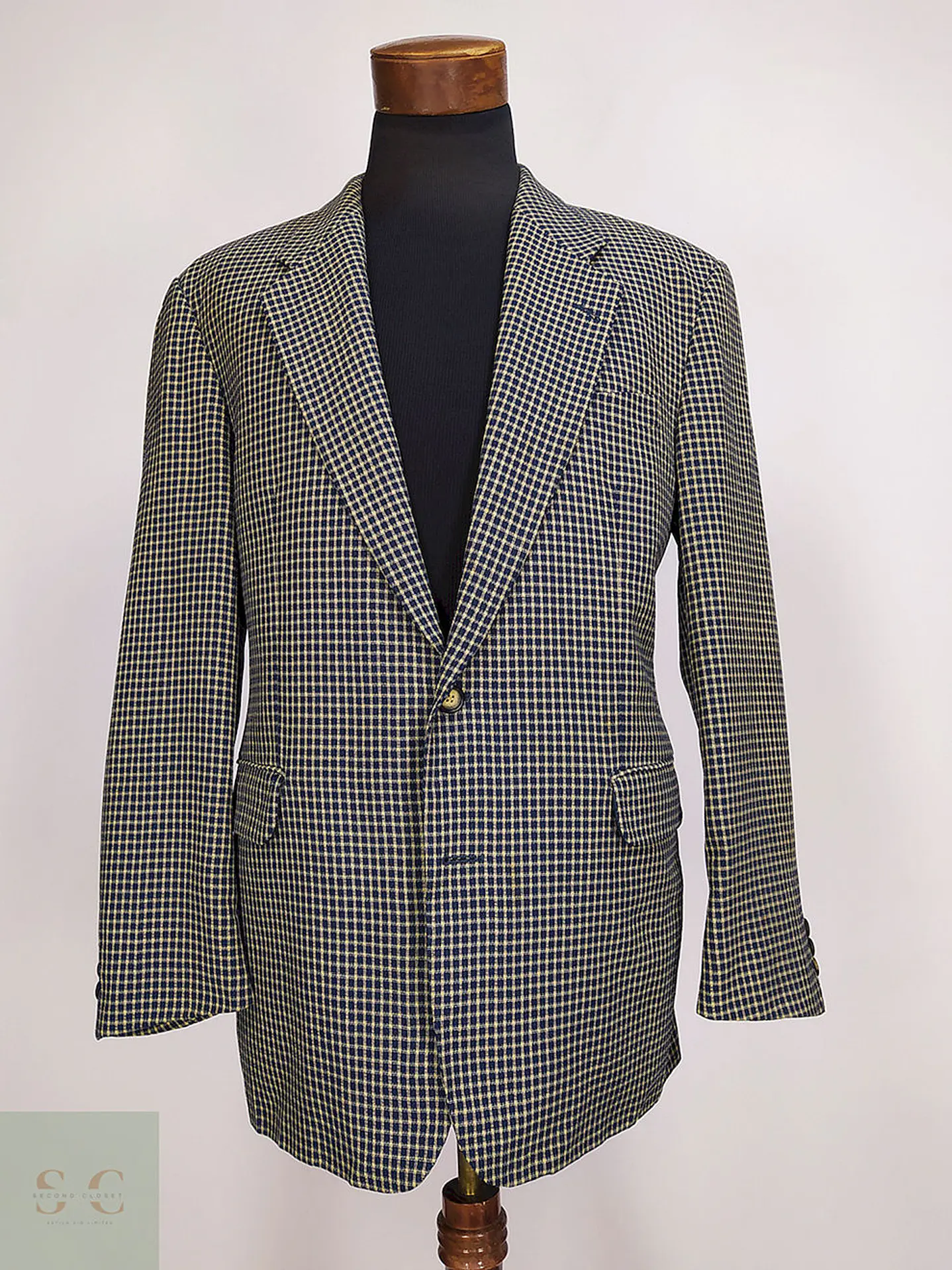 Blazer Atelier Torino Dorado Azul Cuadros 100% Lana Virgen Talla L 1