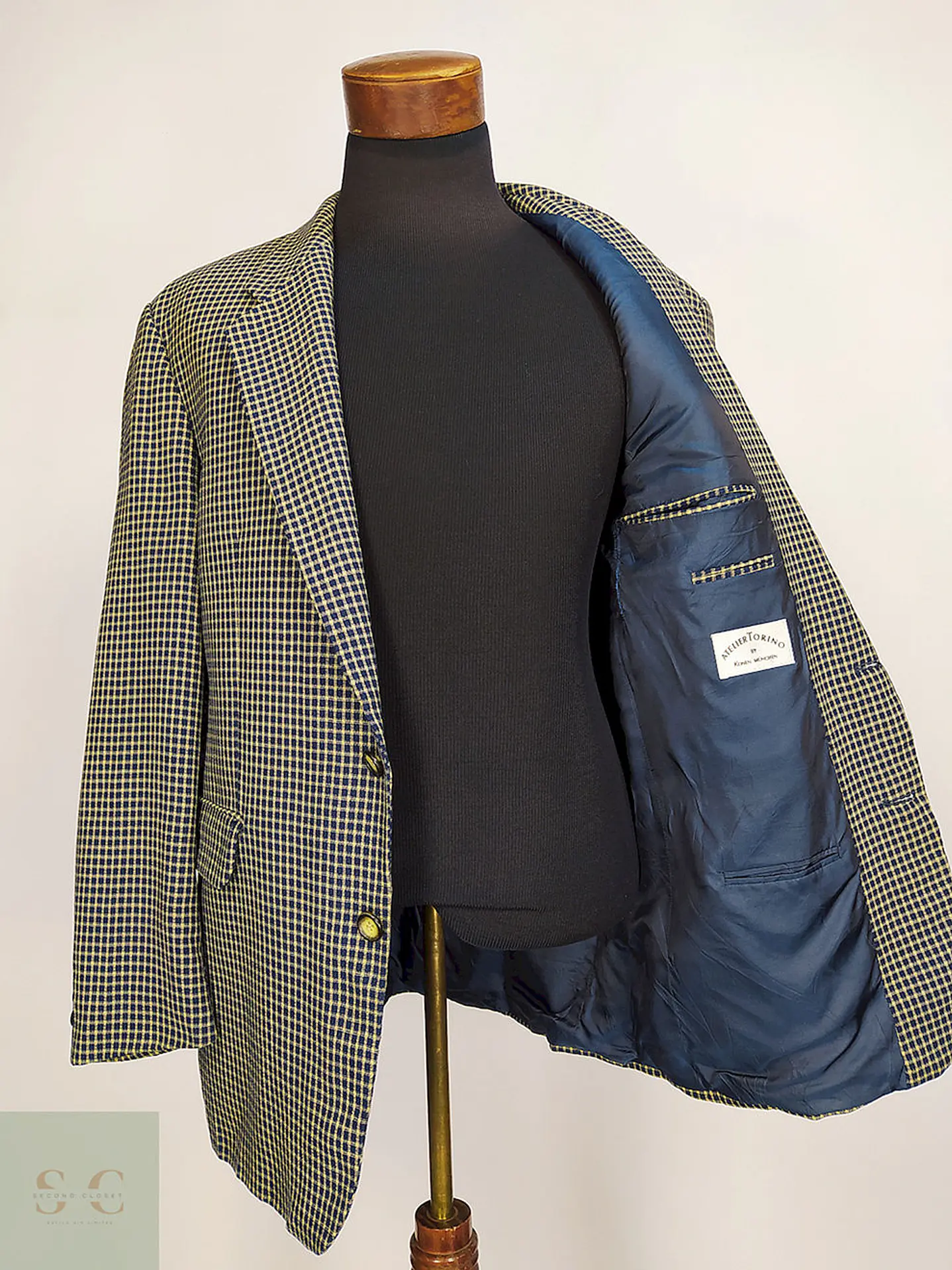 Blazer Atelier Torino Dorado Azul Cuadros 100% Lana Virgen Talla L 9