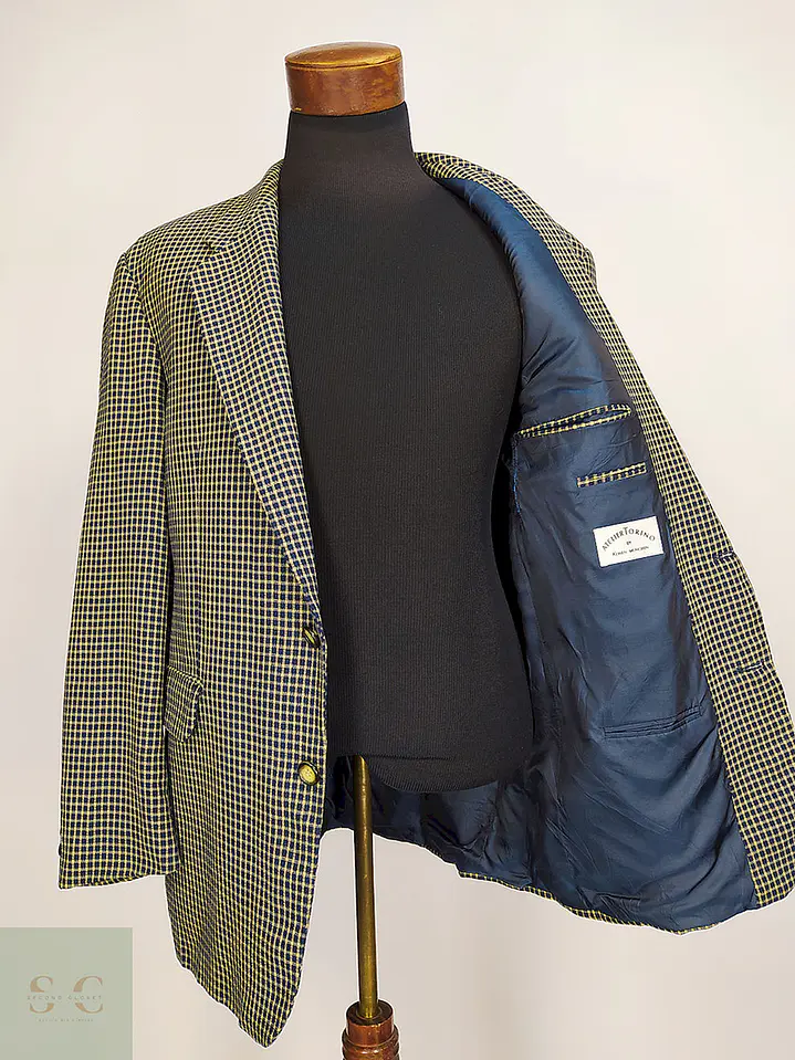 Blazer Atelier Torino Dorado Azul Cuadros 100% Lana Virgen Talla L 9