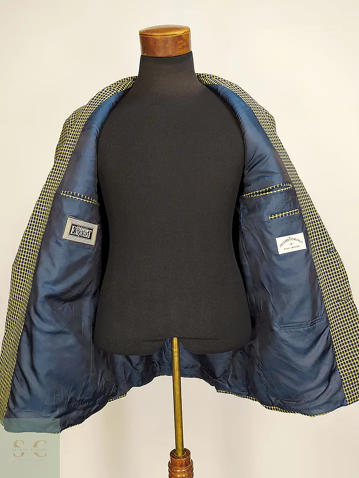 Blazer Atelier Torino Dorado Azul Cuadros 100% Lana Virgen Talla L 11