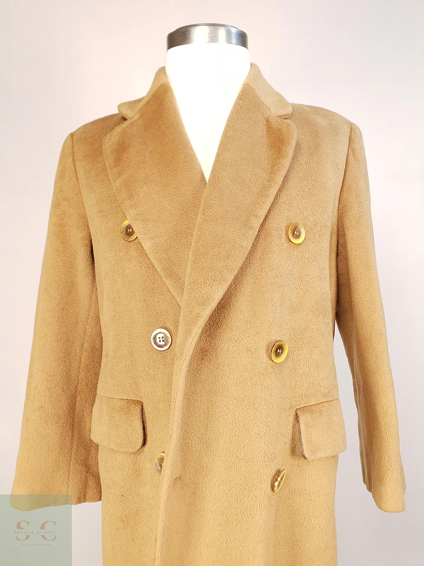 Abrigo Largo Cruzado Camel Italiano 100% Lana Virgen Talla M 14