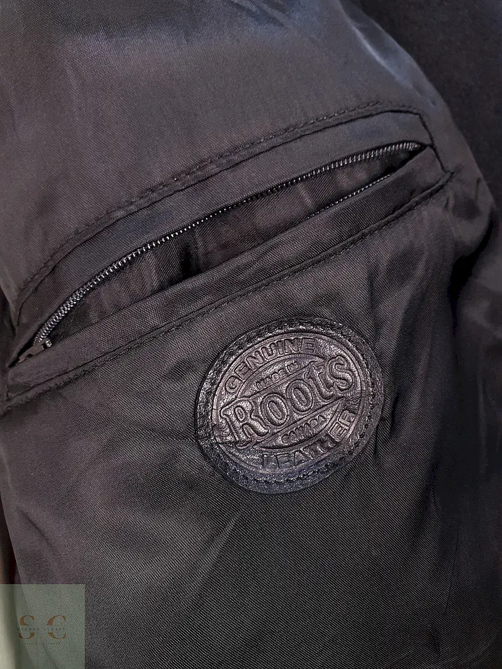 Chaqueta Negra Roots Made in Canadá 75% Lana Detalles Cuero Talla L 10