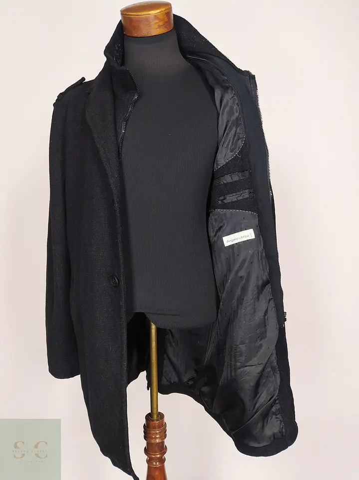 Abrigo de Mezcla de Lana Negro con Pechera Interna Angelo Litrico Talla L 7