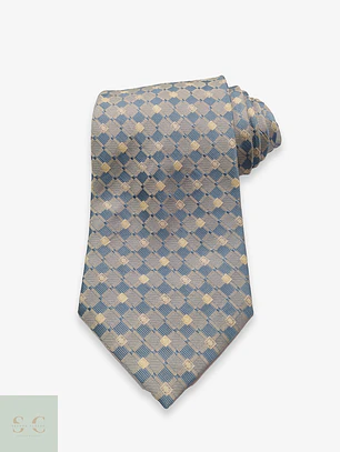 Corbata de Seda Jacquard a Cuadros Geométricos Azul y Beige Reine Seide