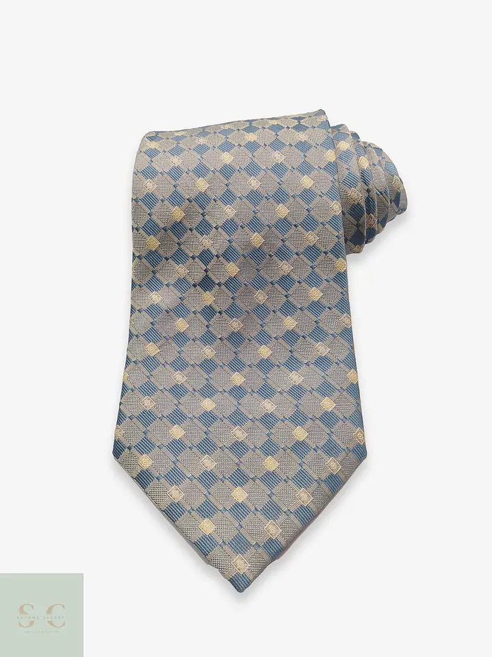 Corbata de Seda Jacquard a Cuadros Geométricos Azul y Beige Reine Seide 1