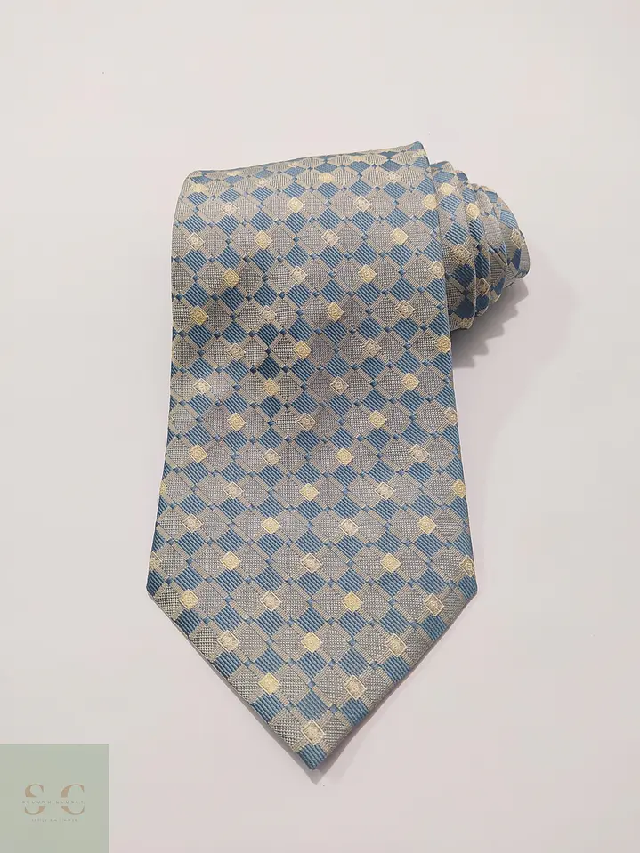 Corbata de Seda Jacquard a Cuadros Geométricos Azul y Beige Reine Seide 2