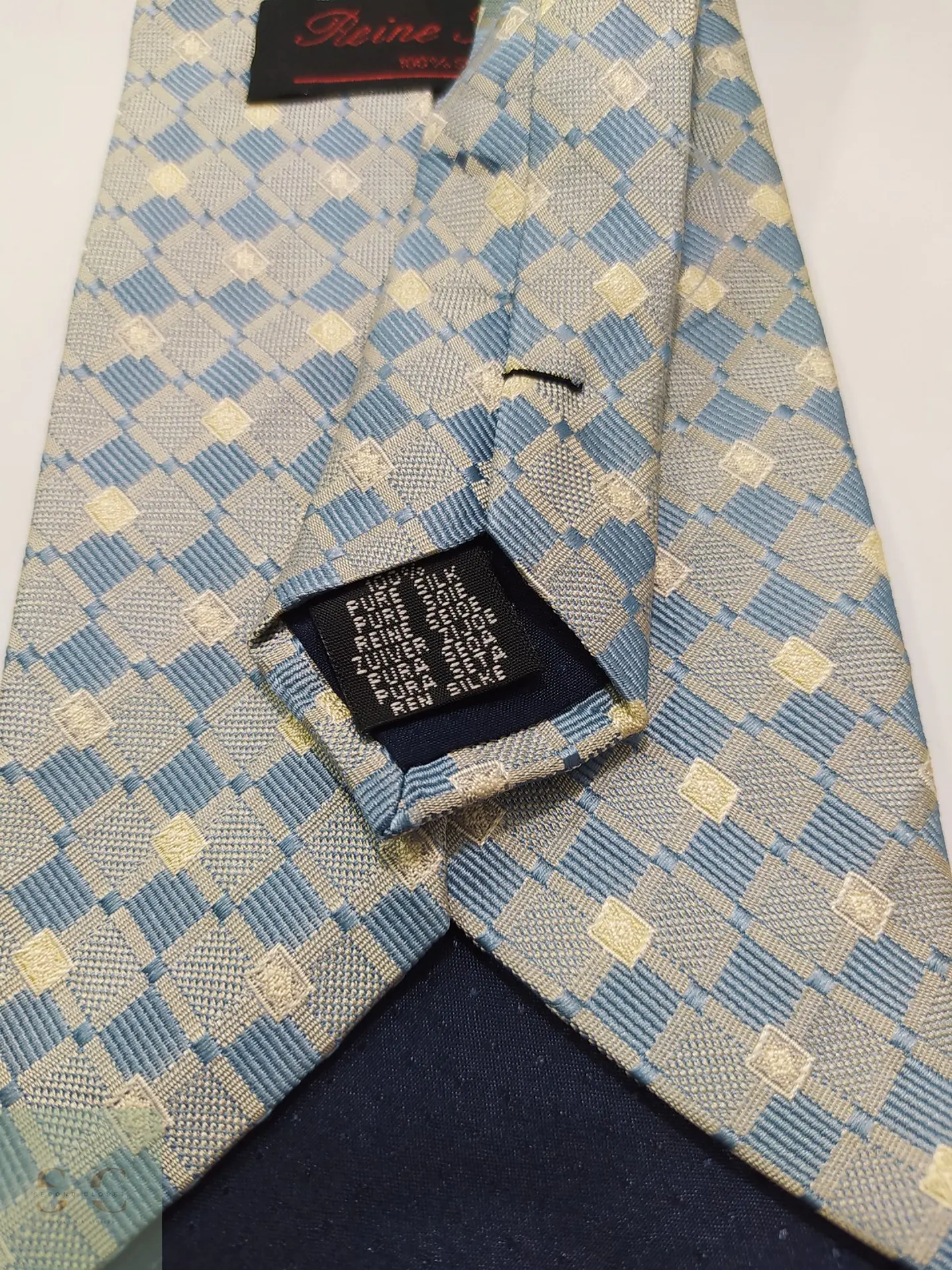 Corbata de Seda Jacquard a Cuadros Geométricos Azul y Beige Reine Seide 4